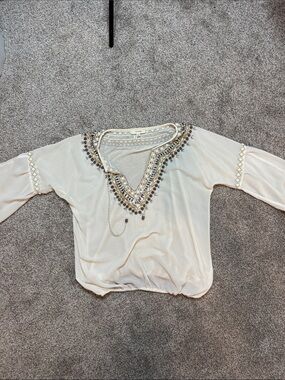Freeway Cream Beaded V-Neck Blouse